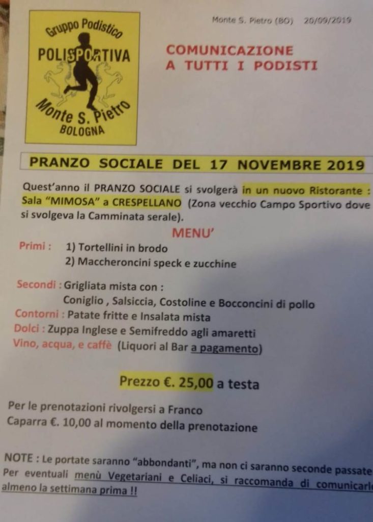 PRANZO SOCIALE DOMENICA 17 NOVEMBRE