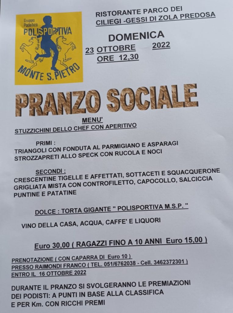 DOMENICA 23 OTTOBRE TORNA IL PRANZO SOCIALE
