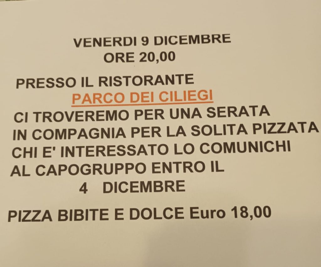 VENERDI’ 9 DICEMBRE PIZZATA PER TUTTO IL GRUPPO